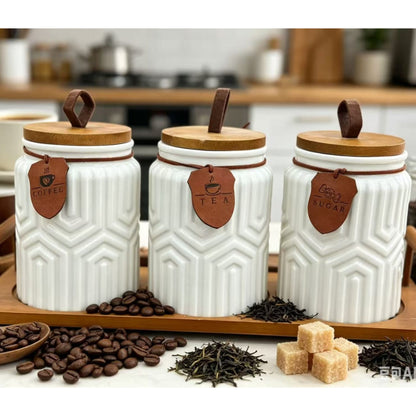 3Pcs Ceramic Canister Set with Wooden Tray