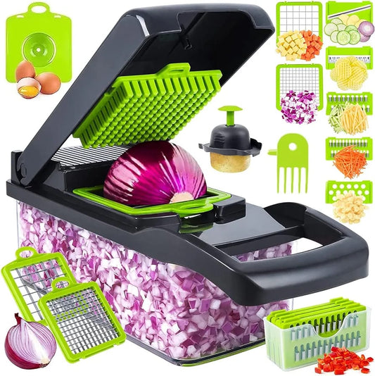 A black and bright green multifunction vegetable chopper with a clear container base filled with diced red onion, showing multiple cutting blades and accessories around it.