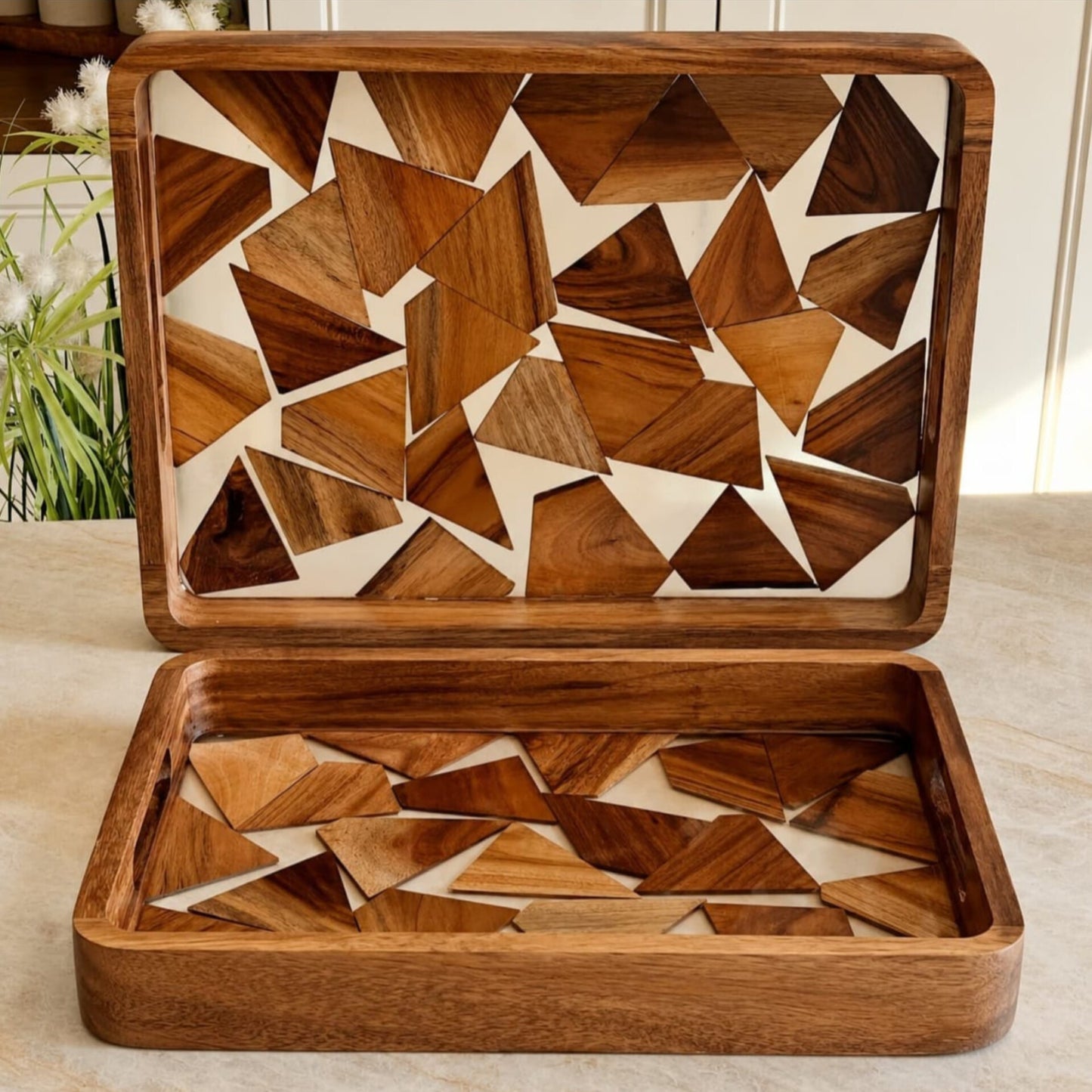 2 Pcs Wood Mosaic Serving Tray Set