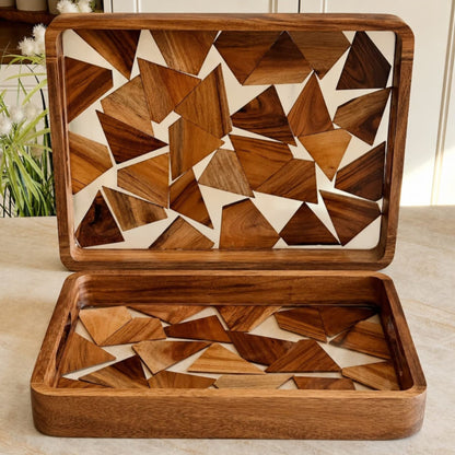 2 Pcs Wood Mosaic Serving Tray Set