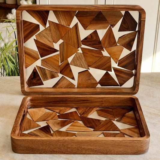 2 Pcs Wood Mosaic Serving Tray Set