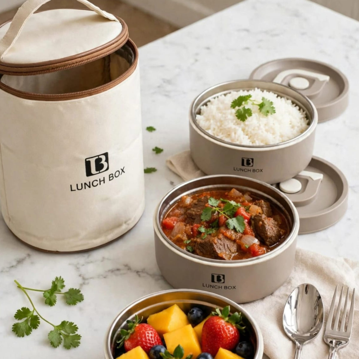 3 Tier Insulated Lunch Box Set With Thermal Bag And Cutlery