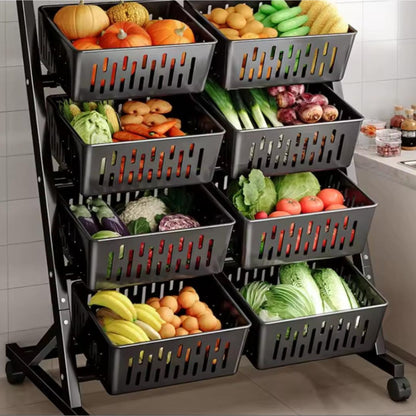 Steel framed fruit and vegetable storage rack with removable plastic ventilated baskets and lockable wheels.