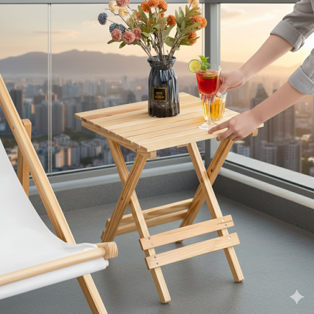 Wooden Folding Balcony Slatted Side Table Gha