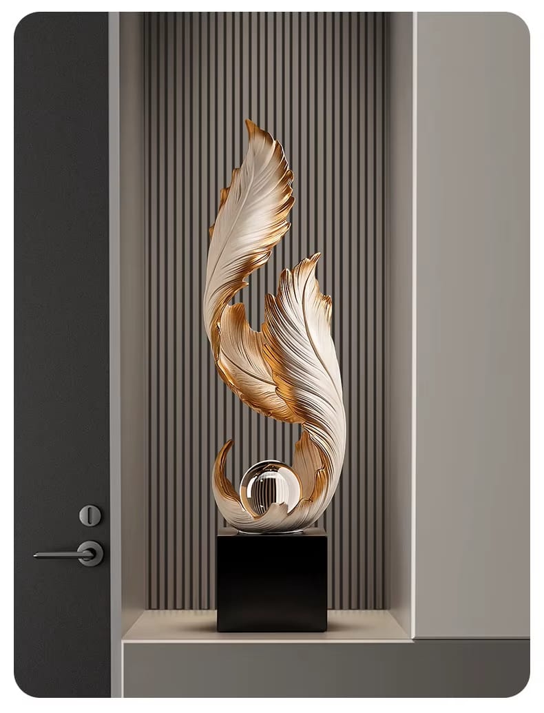 White and Gold Resin Feather Sculpture