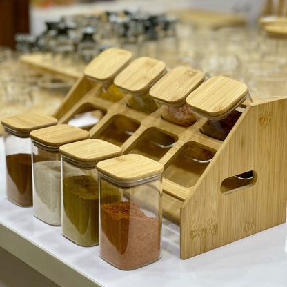 8 Pcs  Squared Borosilicate Glass Spice Jar Set with Bamboo Rack