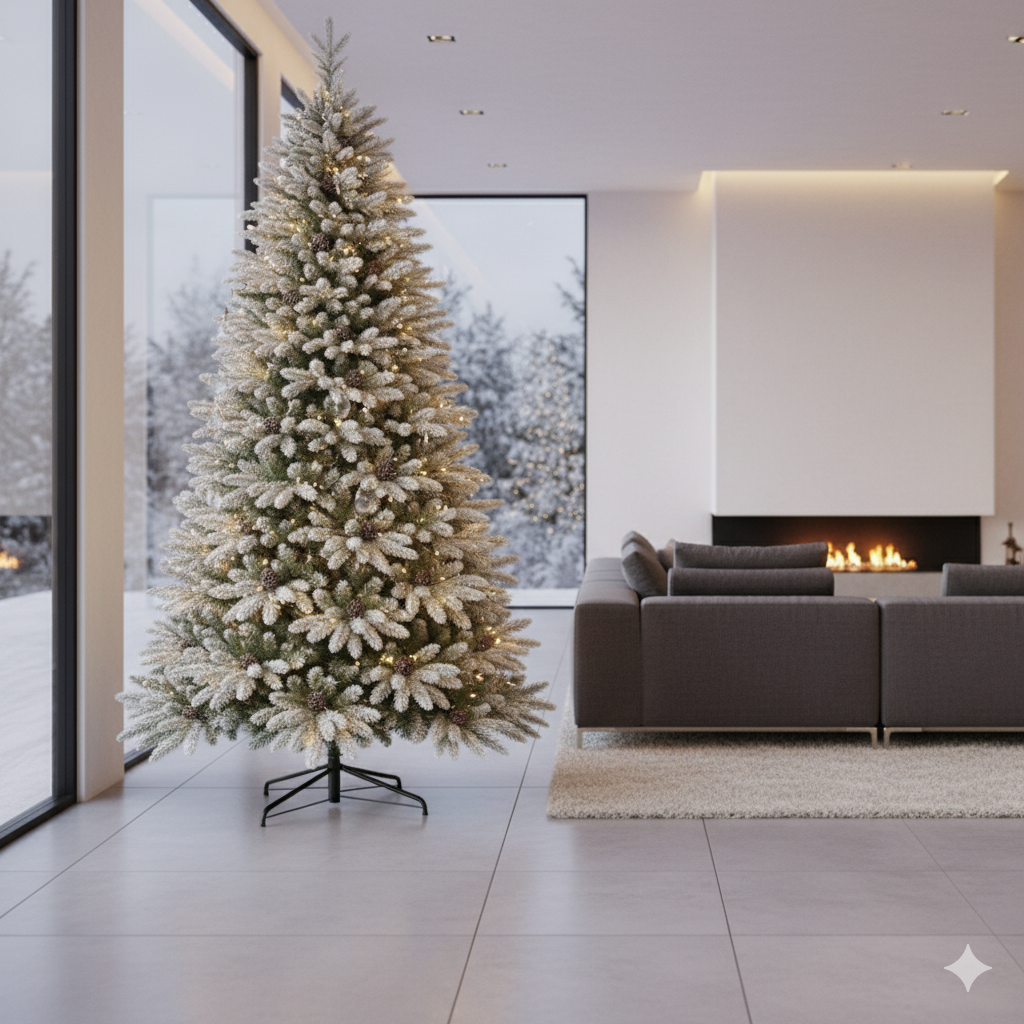 Snow flocked premium pine Christmas tree with cones available in 7 foot and 8 foot sizes.