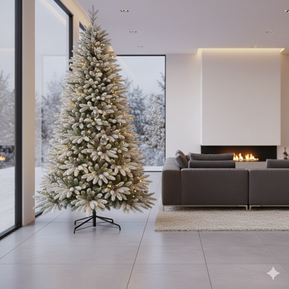 Snow flocked premium pine Christmas tree with cones available in 7 foot and 8 foot sizes.