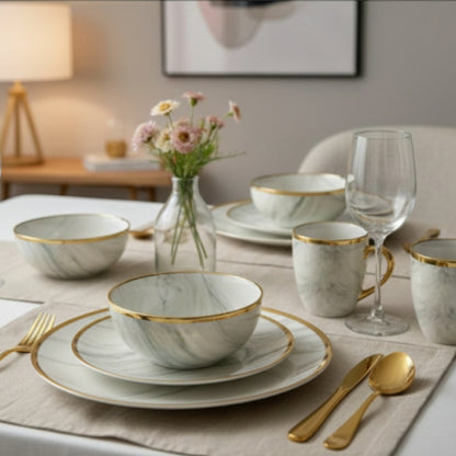 24 Pcs Marble Ceramic  Dinnerware Set with Gold Trim