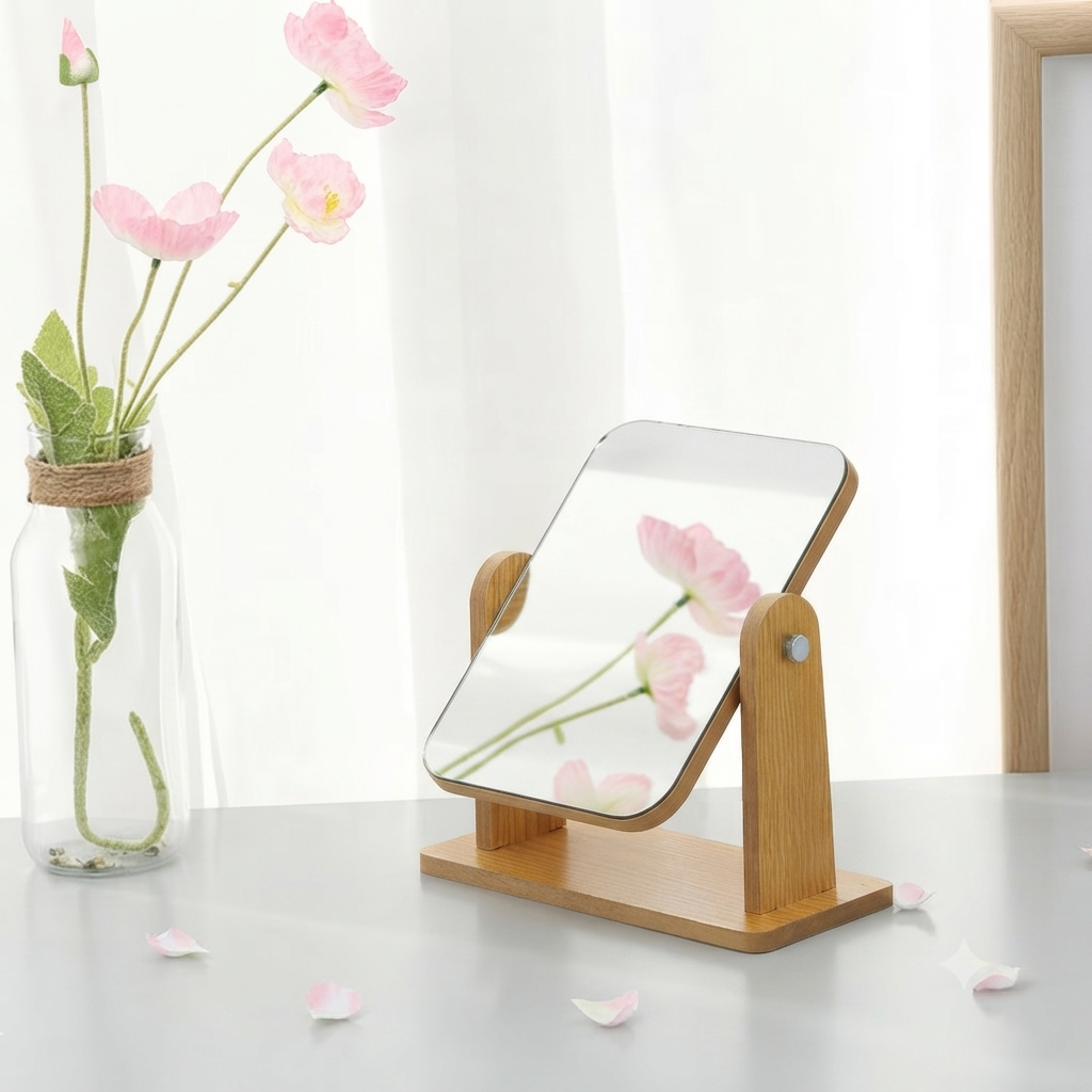 Wooden Desktop Makeup Mirror