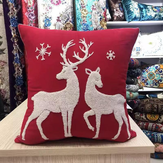 Christmas red pillow with white deer design 