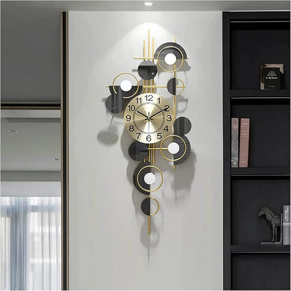 Abstract Metal Wall Clock with Gold and Black Circles