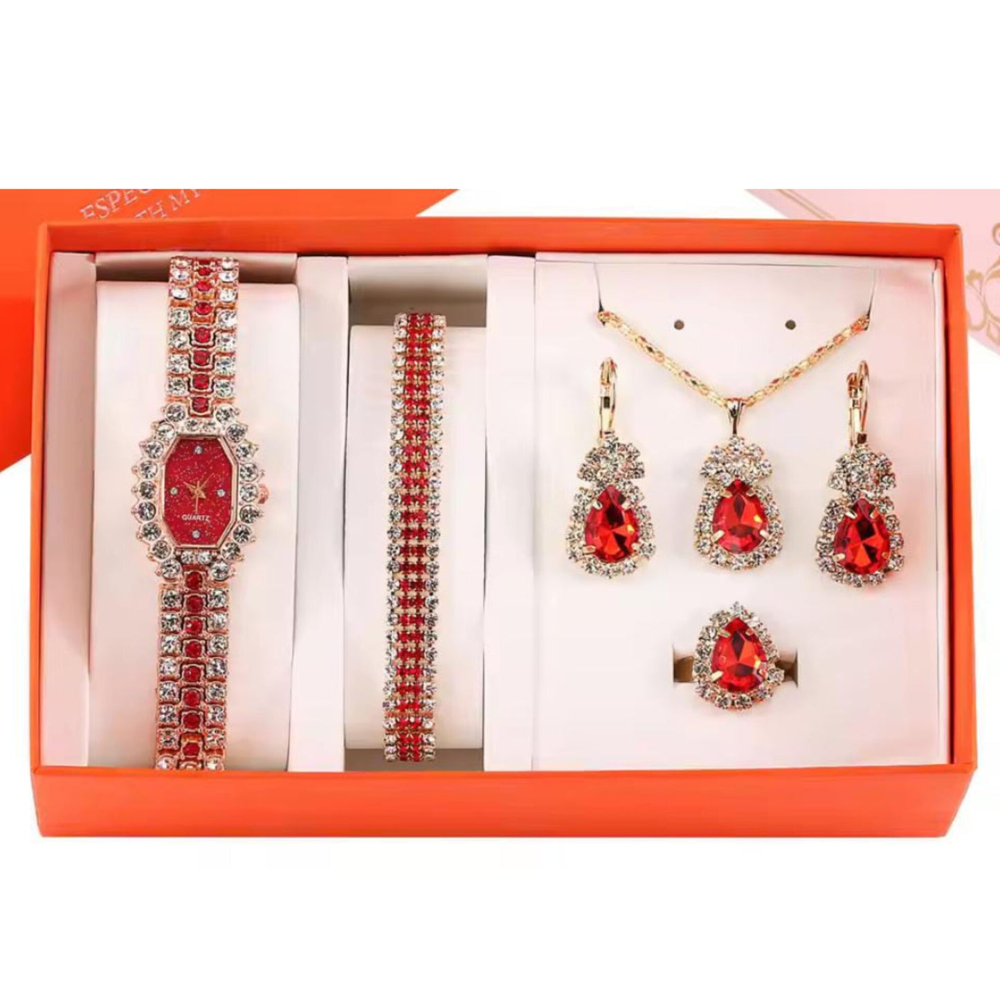 5 Pcs Red Jewelry and Watch Gift Set