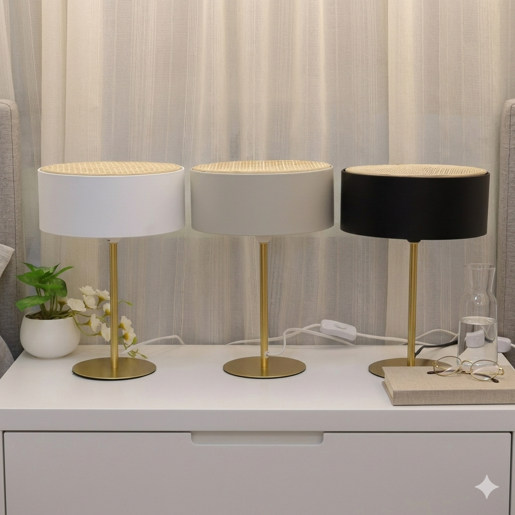 Three table lamps with gold bases in different color shades.