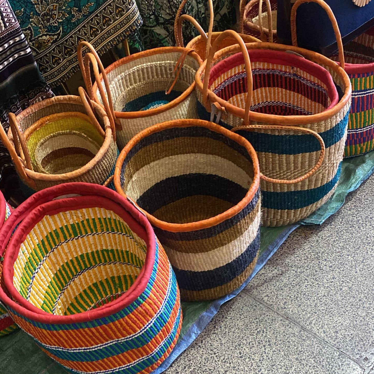 African Hand Woven Market Baskets With Leather Handles