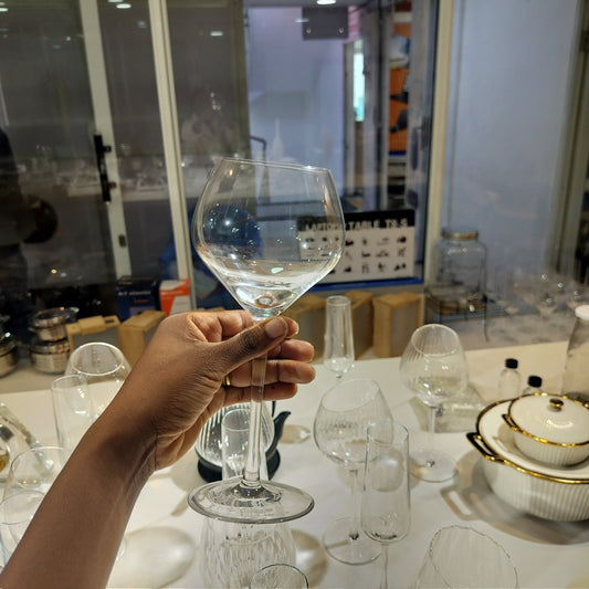 A hand holding a clear, elegant wine glass with a wide bulb shaped bowl and a long stem.