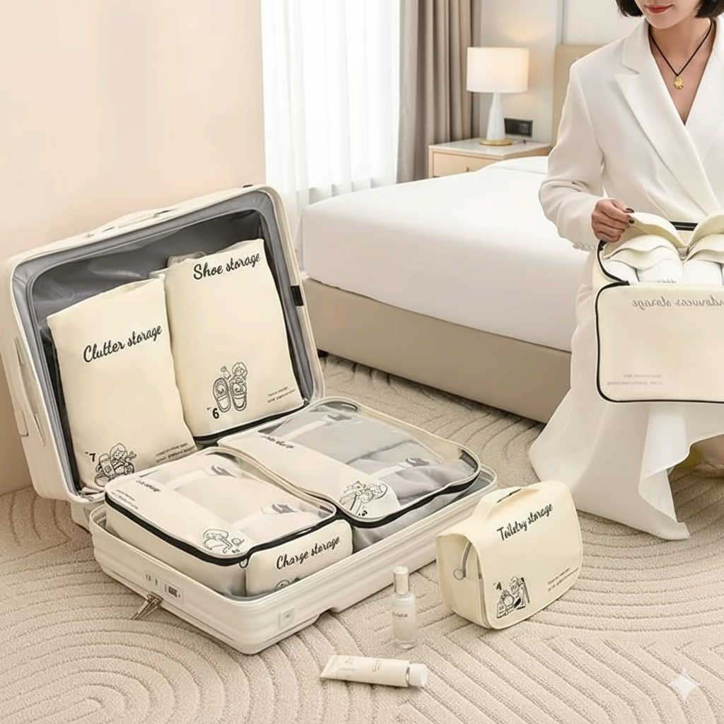 Seven cream colored travel organization bags, including packing cubes, a toiletries bag, and smaller pouches