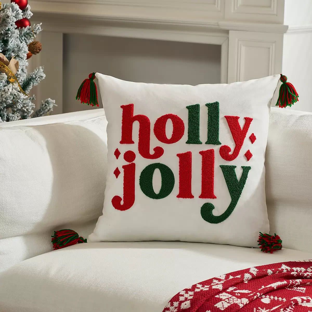 Holly Jolly Christmas Decorative Throw Pillow Case  Cushion Cover