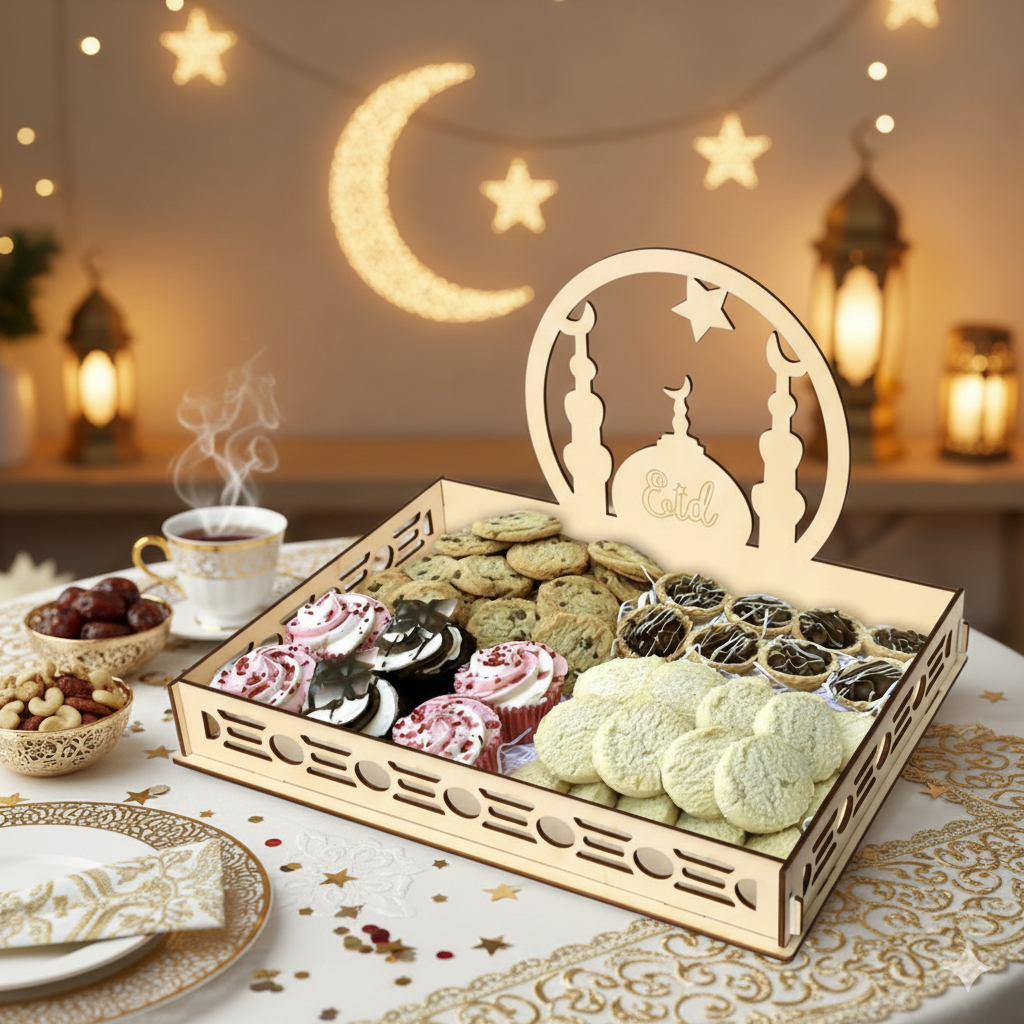 Wooden Ramadan and Eid Mubarak Serving Tray