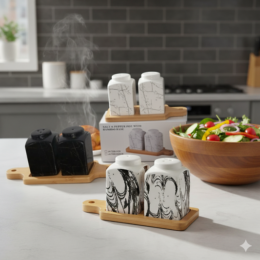 3 in 1 Salt and pepper shaker with bamboo holder tray