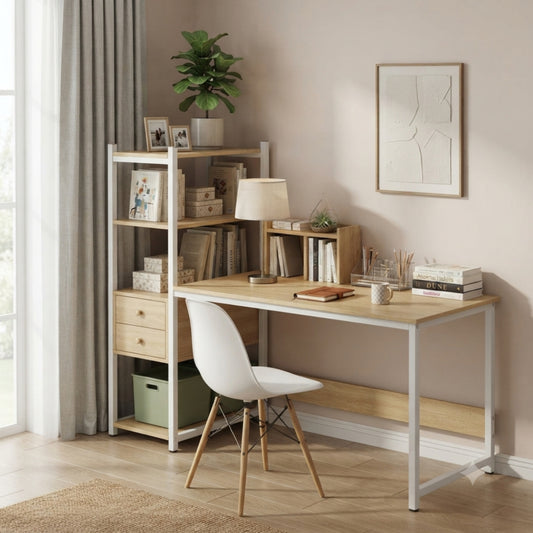 Minimalist Workstation with Storage Shelves and Two Drawers