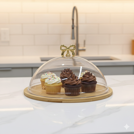 Acrylic dome cake cover with wooden tray