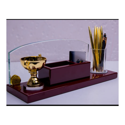 Trophy Presentation Cherry Wood Desktop Organizer with Engravable Glass Panel
