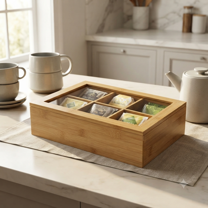 Wooden Tea Box Organizer 6 Compartments