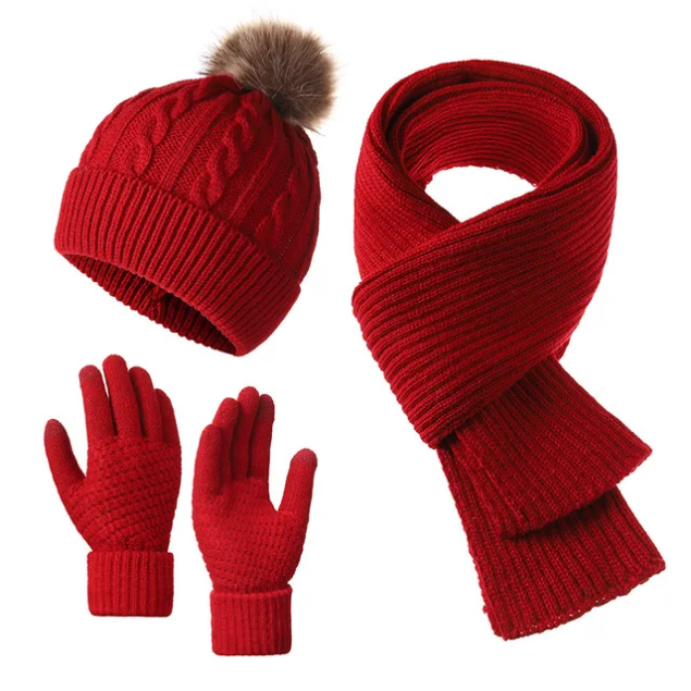 3 in 1 Adult Warm Winter Beanie Scarf Hat Set