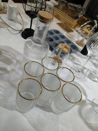 6Pc Ribbed glasses with decanter gold rim gha
