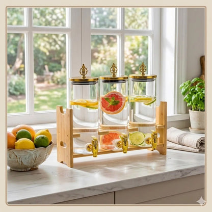Tripple Glass Juice Dispenser Set with Wooden Stand Gha
