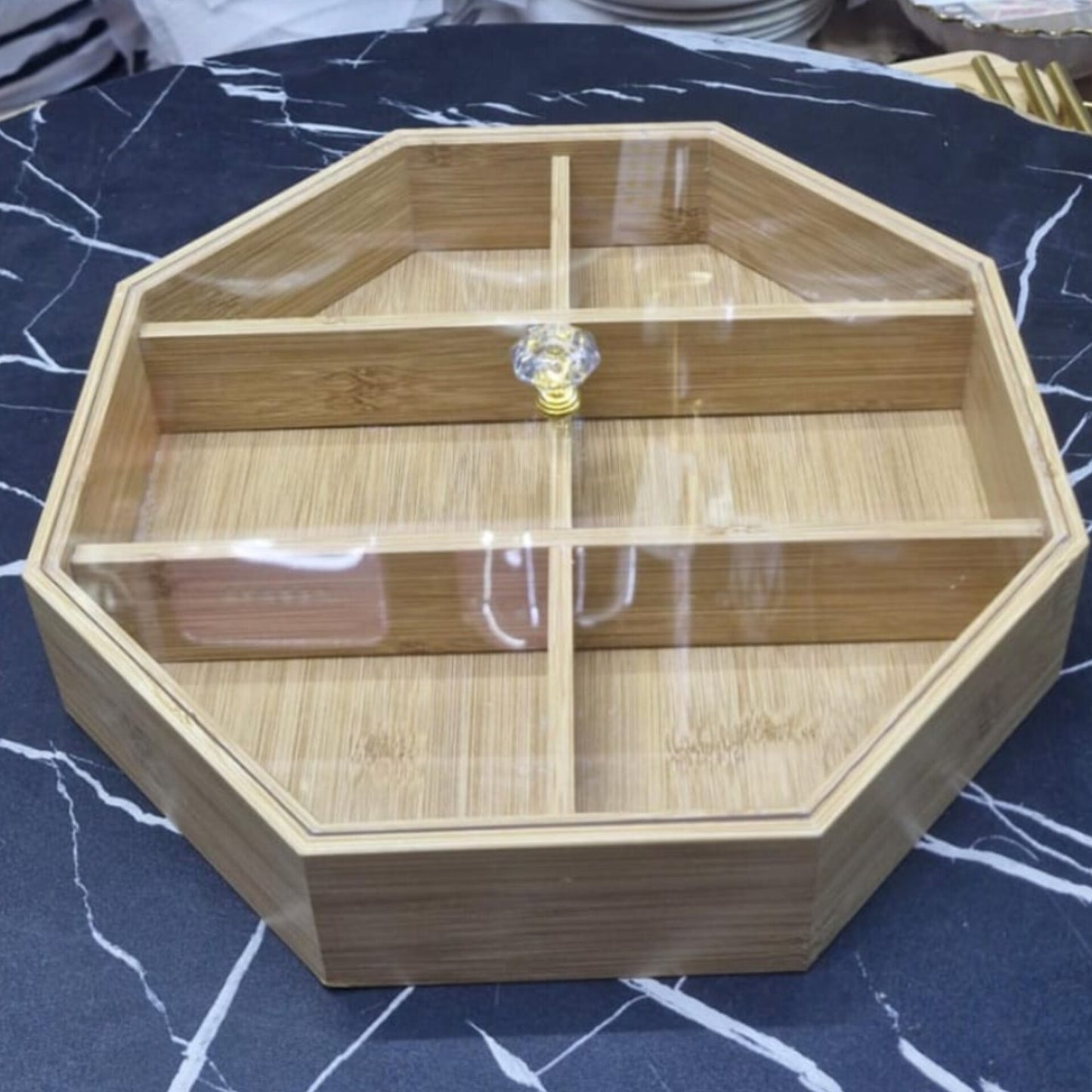 6-Section Octagonal Bamboo Tray with Lid