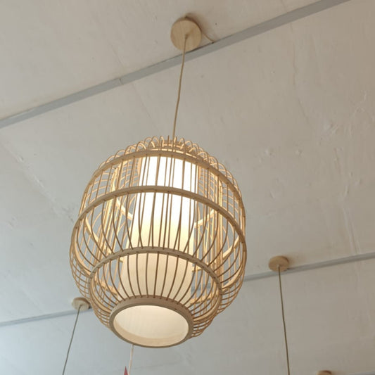 Woven pendant light fixture hanging from a ceiling