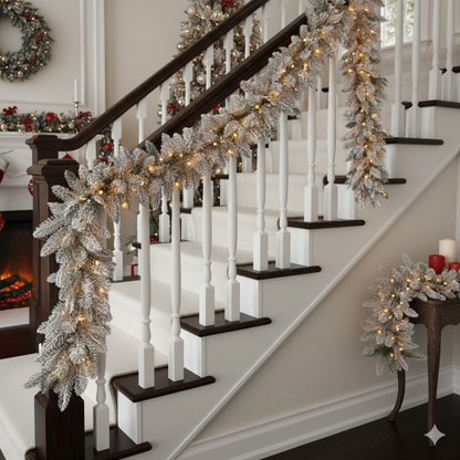 Long 2.5 meter Christmas garland fully covered in white snow flocking and strung with warm white LED lights.