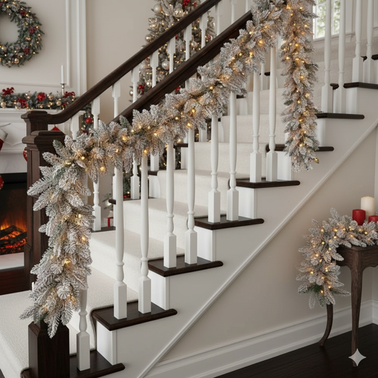 Long 2.5 meter Christmas garland fully covered in white snow flocking and strung with warm white LED lights.
