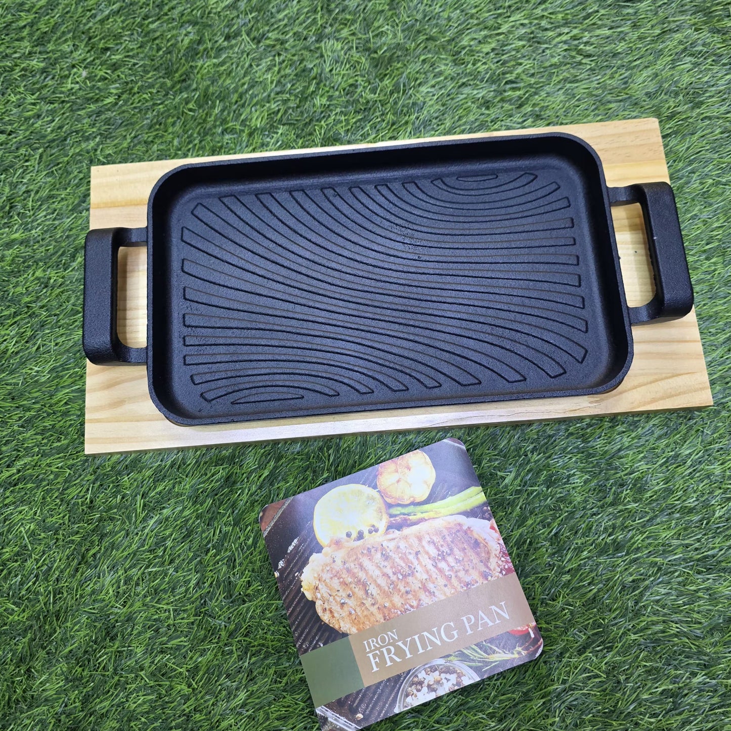 Rectangular Cast Iron Sizzling Grill Pan with Wooden Base