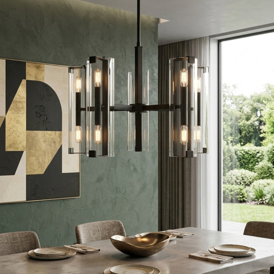 Black Metal Chandelier Light with Clear Glass Panels