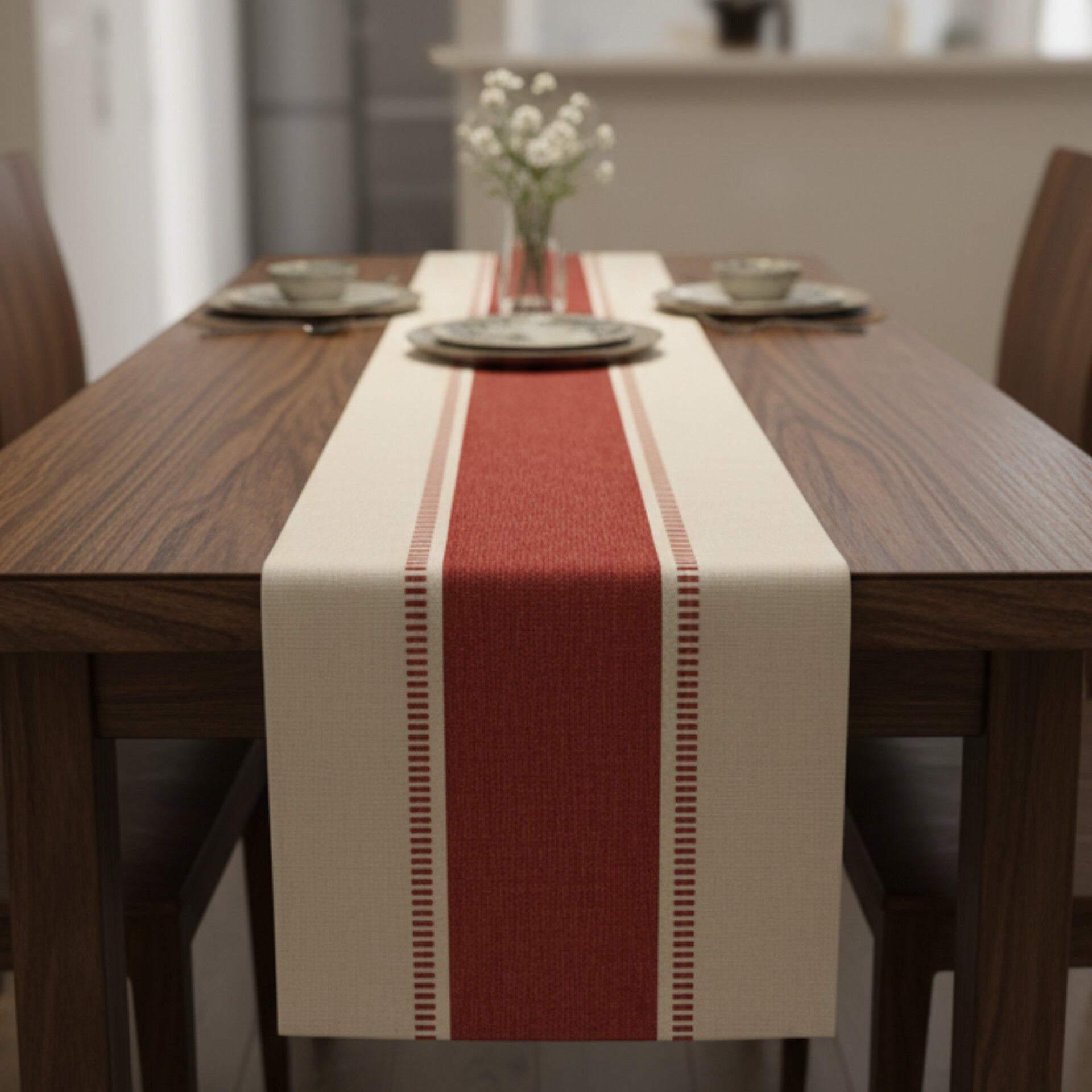 Long red and cream striped table runner 