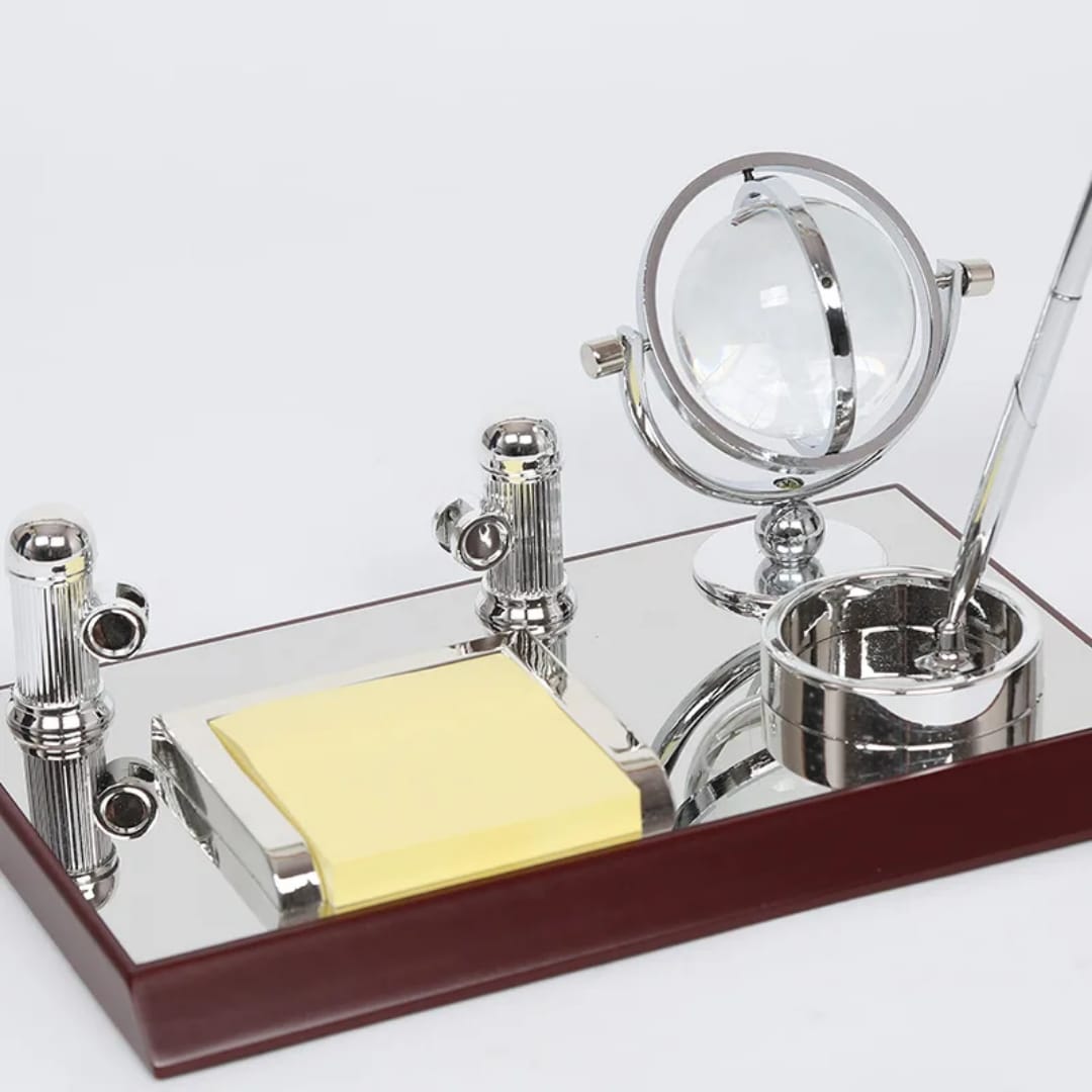 Mirror Wooden Desktop Organiser with Crystal Ball Business Card Holder and Pen Holder