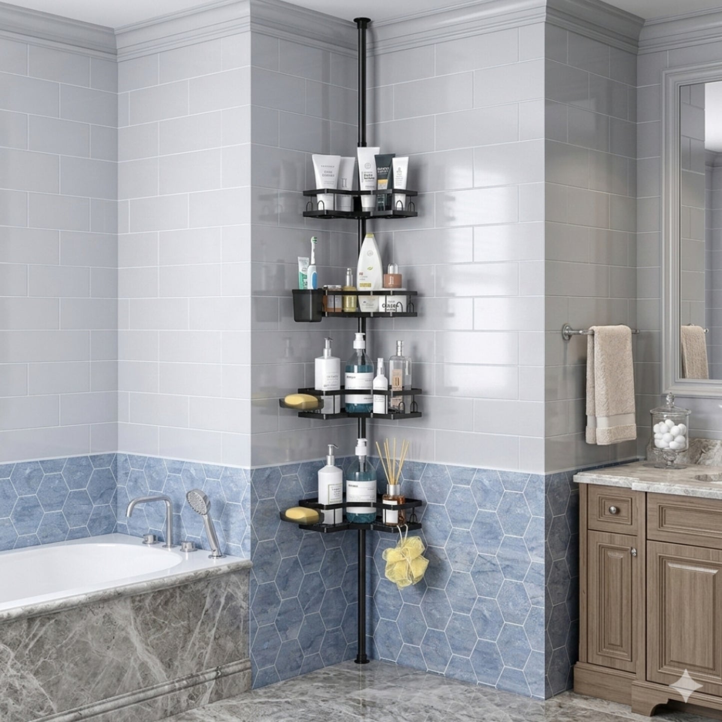 Telescopic corner bathroom organizer with shelves Gha