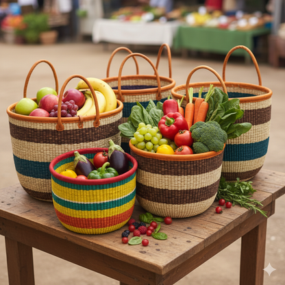 African Hand Woven Market Baskets With Leather Handles
