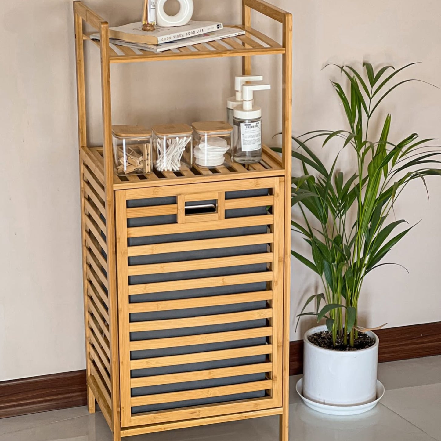 Bamboo Laundry Hamper with Storage Shelf and Fabric Liner