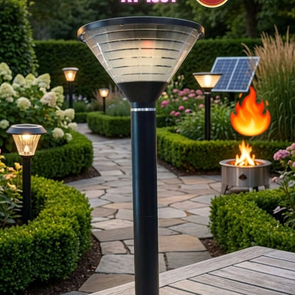 Solar-powered garden lamp post with a solar panel.