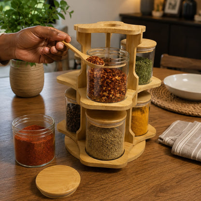 6 Pcs Bamboo Spice Rack Set with Rotating Stand
