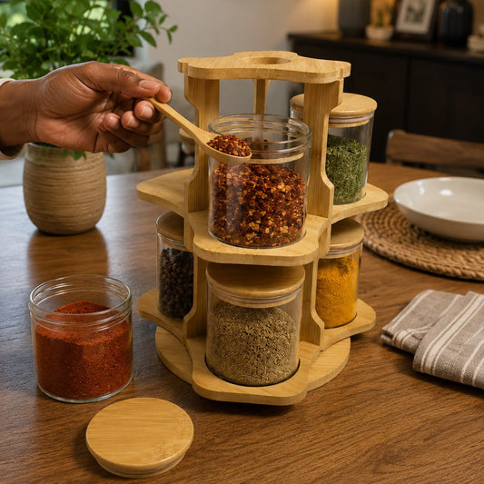 6 Pcs Bamboo Spice Rack Set with Rotating Stand