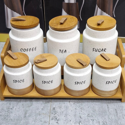 7pc White Ceramic Canister Set with Wooden Stand