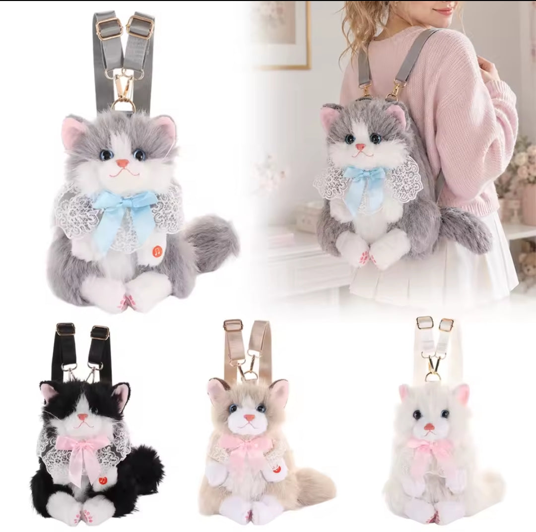 Plush  Cat Shaped  Backpack with Lace and Bow Details