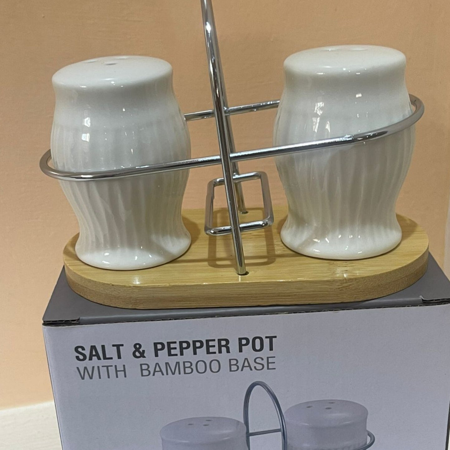 Double Salt and Pepper Shaker Set with Bamboo Stand