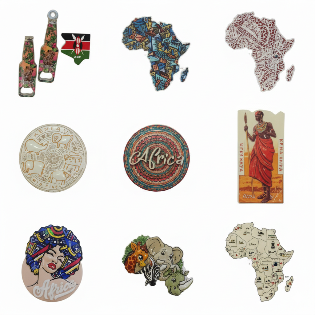 Diverse fridge magnets featuring African and Kenyan themes, including maps, wildlife, and cultural portraits.