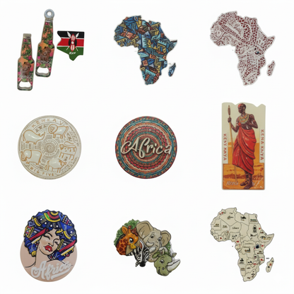 Diverse fridge magnets featuring African and Kenyan themes, including maps, wildlife, and cultural portraits.